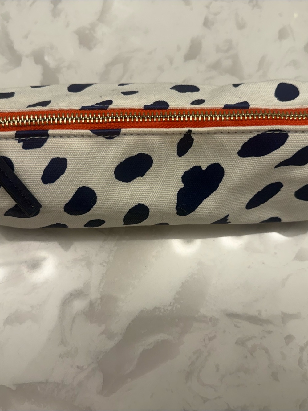 Canvas Cosmetic Pouch with Navy Spot Print and Orange Zip